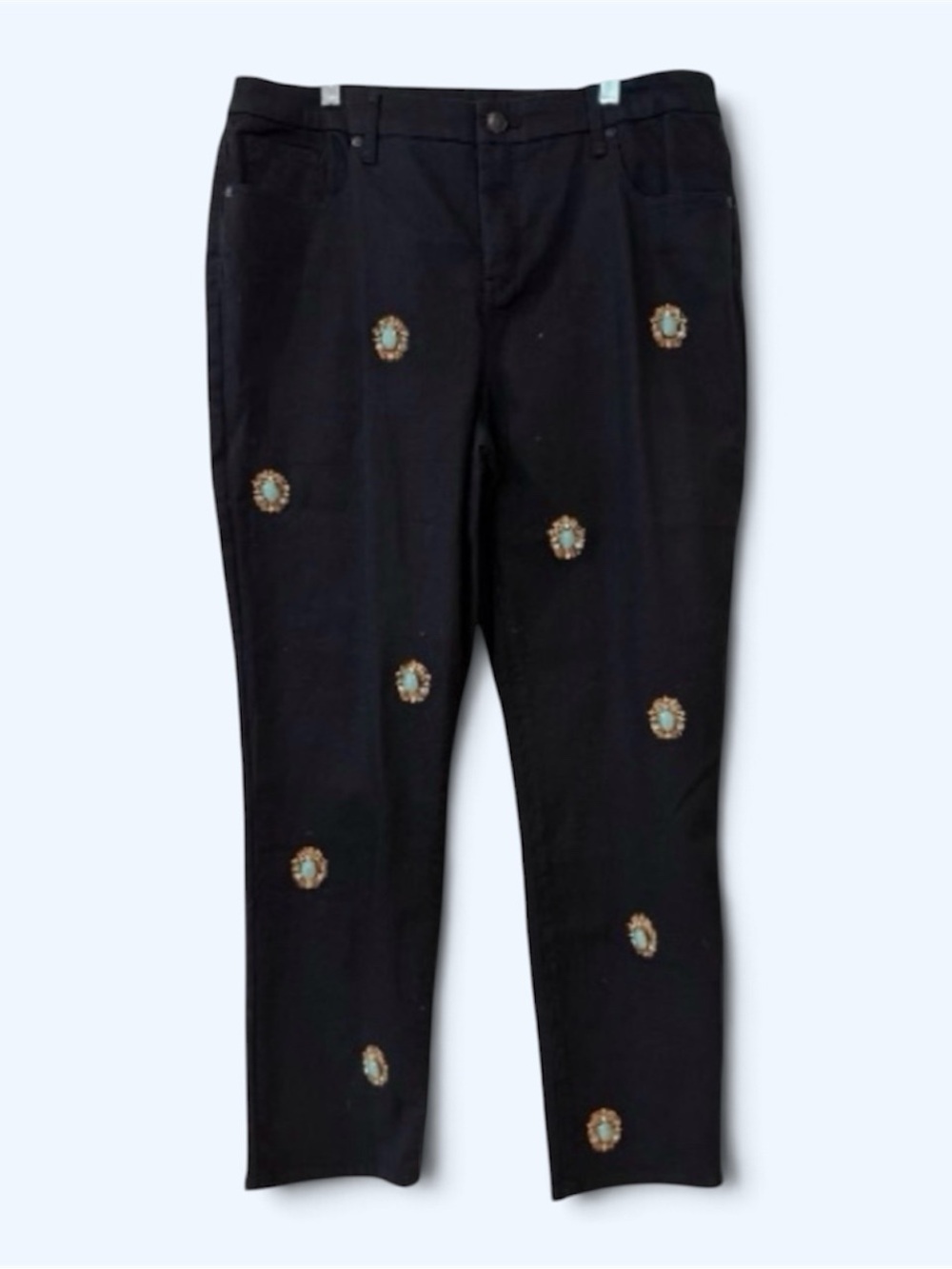 🆕 Chico's so slimming slim leg ankle black jeans turquoise medallion *NWT* $129 - Picture 3 of 12